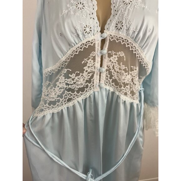 Vintage Bert Yelin for Iris Women's M Bue Robe Lace Trim - Picture 6 of 13